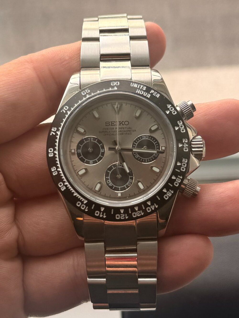 Seiko mod silver Daytona VK63 meca-quartz chronograph watch